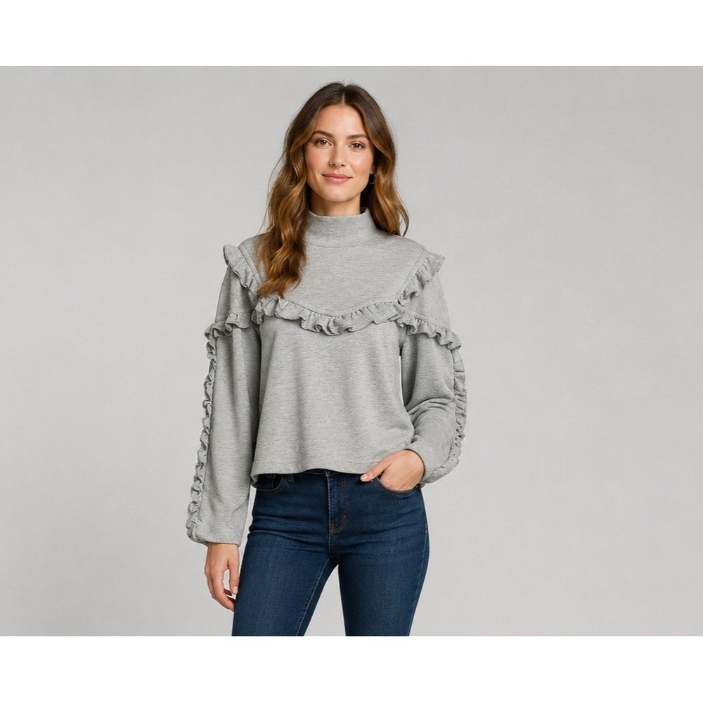 Buffalo David Bitton Sweater Womans Large Gray Ruffle Lightweight Mock Neck